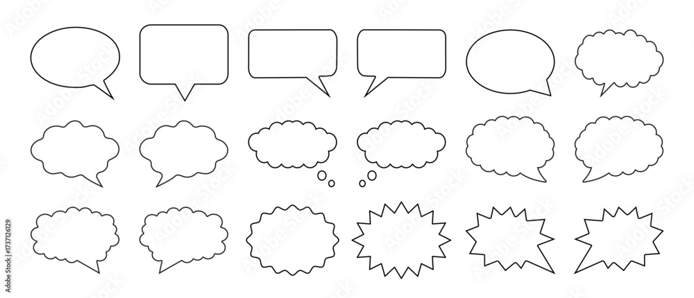 Obraz premium Speech bubble and thought balloon vector. comic chat balloons, starburst callouts, blank outline frames and empty message templates for text, shapes, vector illustration
