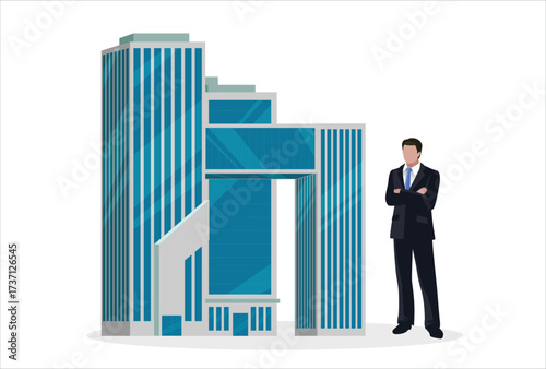 icon work art Real estate developer entrepreneur concept. Business man owner of skyscraper buildings property standing and leaning to them. Modern flat style vector illustration isolated