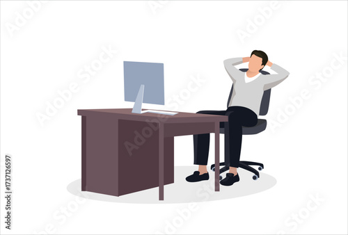 Relaxed business man entrepreneur sitting in office chair in confident pose at a clean desk with laptop computer. Flat style modern vector illustration.