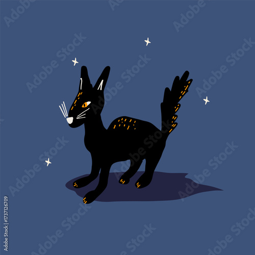Black Halloween cat with glowing eyes vector illustration