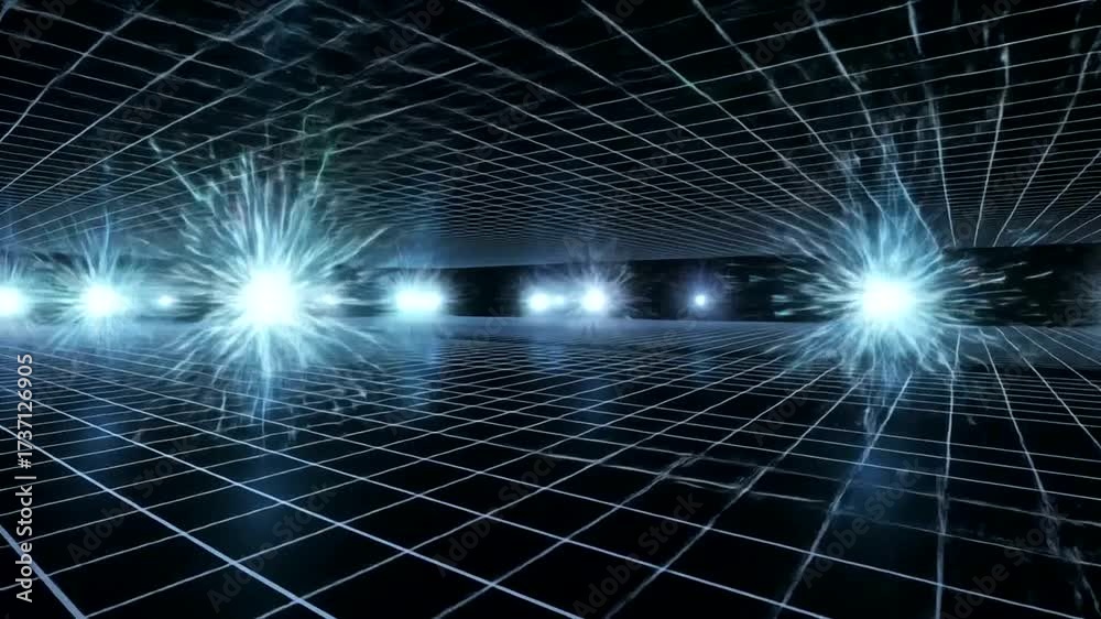 Abstract futuristic corridor with blue energy explosions and grid pattern motion