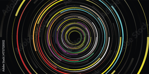 Abstract image on black background, modern colorful digital tunnel design suitable for technology, science fiction and motion graphic concepts.