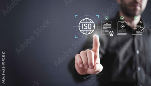 ISO Certification and Compliance: Man Interacting with Global Quality Management Interface