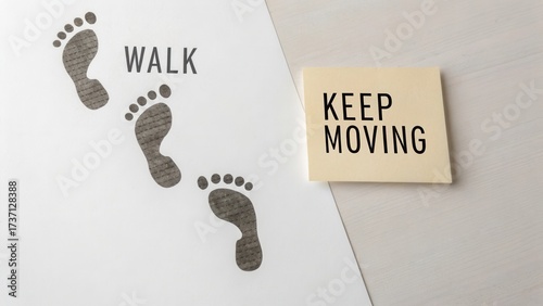 Footprints on paper with motivational message, Encouraging movement and positive mindset for active lifestyle and wellness journeys
