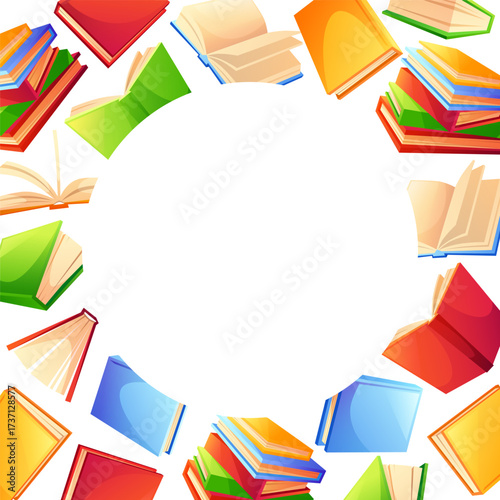 A template featuring a frame of colorful books with empty space for text. Colorful textbooks in various positions. Concept for book sales, book forums, libraries, bookstores, back to school.