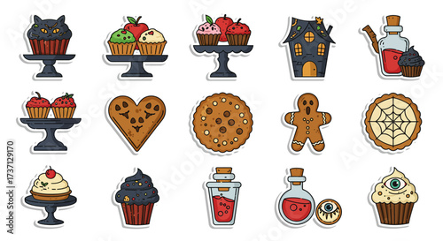 halloween baked goods stickers cupcakes cookies potion bottles  haunted house for festive party invitations and spooky season decorations