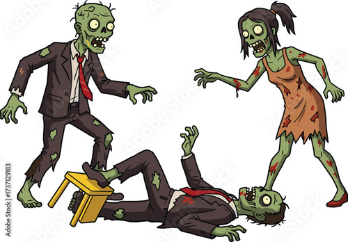 Cartoon zombies illustration, scary undead characters, creepy horror artwork, spooky Halloween design, grotesque monster drawing, tattered clothes zombies, eerie cartoon creatures, dynamic zombie 