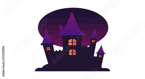Halloween castle illustration spooky silhouette with glowing windows against a moonlit sky perfect for holiday greetings invitations or themed digital backgrounds.