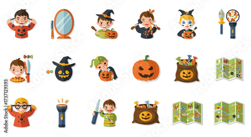 Halloween preparation kids with Halloween costumes carving pumpkins getting ready for trick-or-treating celebrating spooky season at home