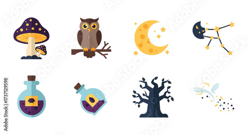 mystical design elements collection mushrooms owl moon constellation potions tree and fairy dust icons creating magical atmosphere ideal for fantasy designs.