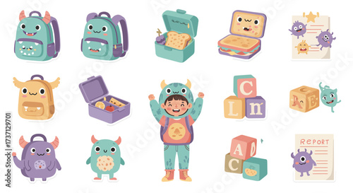 School kid with monster costume and backpack illustration playing with toys representing fun learning and perfect for education content.
