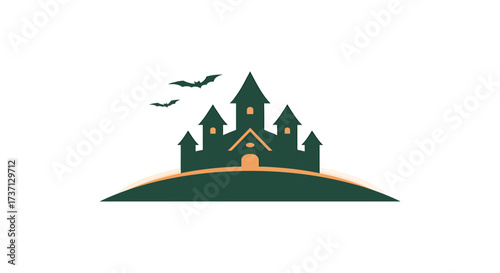 spooky castle on a hill under a bat-filled sky evoking halloween themes and perfect for spooky designs and halloween marketing campaigns