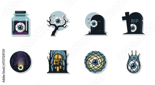 spooky eyeball halloween stickers featuring eyes in jar graves trees  spiderwebs ideal for creepy party invitations and scary social media posts
