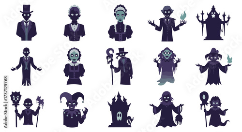 spooky ghosts characters silhouettes collection various spectral figures for halloween creating a chilling  eerie atmosphere in horror designs.