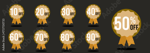 10% off 20% off 30% off 40% off 50% off 60% off 70% off 80% off 90% off percent off, black and white number, drawing golden, gold, dark background, sale, retail, set.