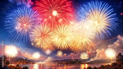 Vibrant Fireworks Display Above a Serene Lakeside Landscape at Night
