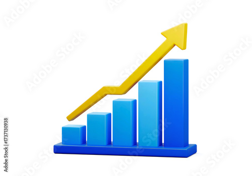 3d minimal data analysis icon. soaring finances. Strengthening currency. A bar graph with an arrow rising. 3d illustration.