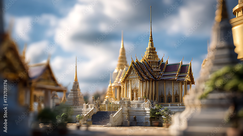 Naklejka premium Grand Palace Temple Complex in Bangkok Thailand Golden Architectural Marvel Under Bright Sky