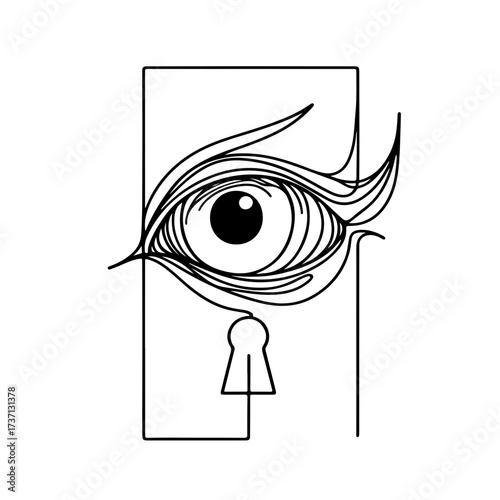 Creepy huge eye above keyhole single line illustration