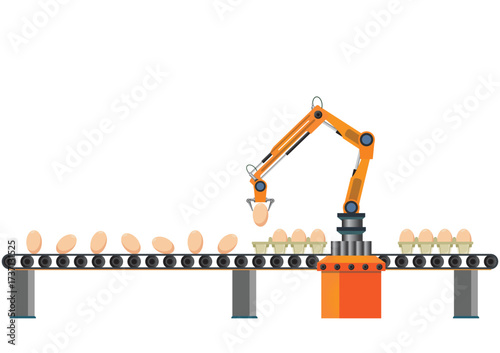 Chicken eggs production industrial conveyor belt isolated on white background.