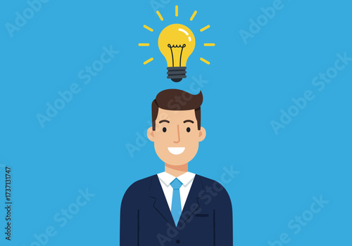 Businessman with an idea light bulb above head creative thinking innovation inspiration solution.