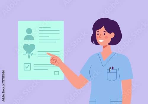 Nurse pointing at medical chart healthcare professional explaining patient information medical concept.