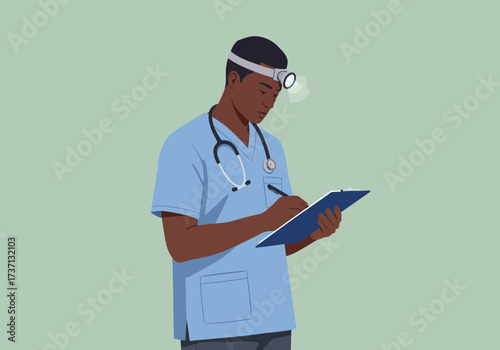 Medical professional writing on a clipboard with a headlamp focused and attentive.