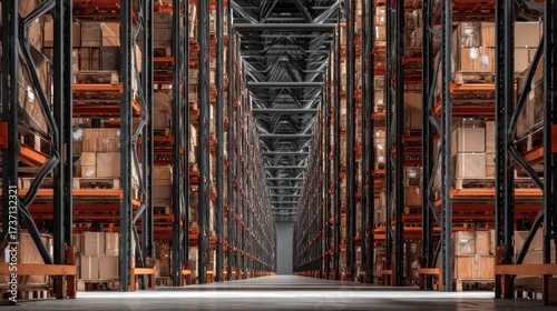 Narrow Perspective of a Modern Warehouse Interior Filled with Shelves of Boxes Stacking High Ready for Logistics Operations