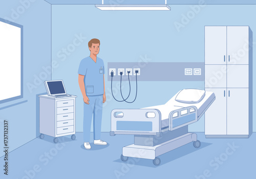 Medical professional in a hospital room with a bed and equipment.