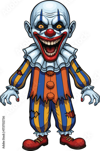 Creepy clown character, sinister horror costume, scary makeup face, evil smile artwork, Halloween villain design, dark fantasy illustration, spooky circus nightmare
