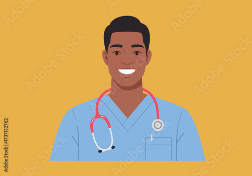 Smiling Black Doctor with Stethoscope and Medical Uniform.