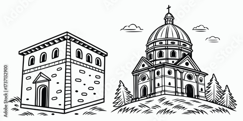 Line art drawing of two distinct buildings on a