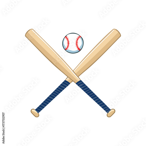 Two crossed baseball bats with blue handles and a baseball floating above them.