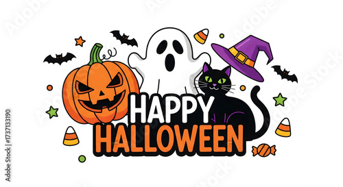 Happy Halloween text Illustration isolated on png transparent background