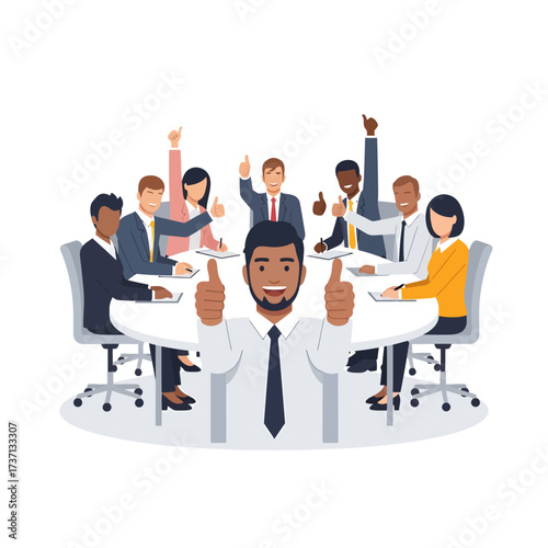 Diverse Business Team Celebrating Success with Thumbs Up at Meeting.