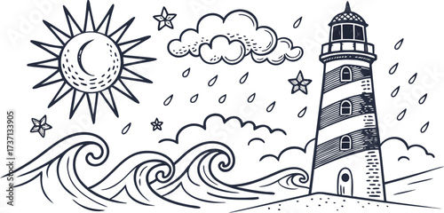 Lighthouse on a sandy shore with waves, sun, clouds, and rain