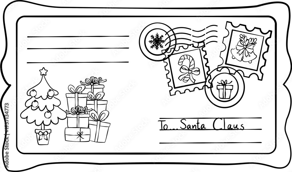 Fototapeta premium Letter to Santa Coloring Clipart Set , Christmas Frames & Holiday Line Art, Vector illustration
