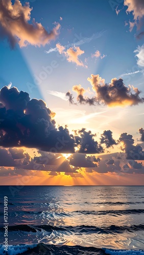 Sunrise over the ocean with dramatic clouds