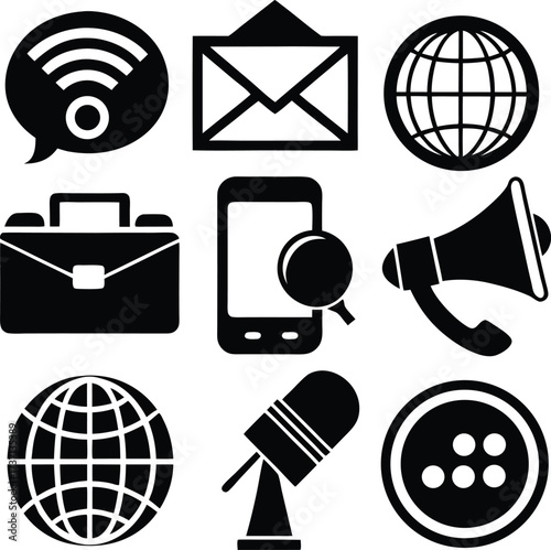 Monochrome Communication Digital Marketing And Business Icons Set