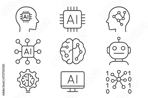 Artificial Intelligence line icon set. AI technology, machine learning, neural network, deep learning, data science. Robot, bot, brain, processor, algorithm pictogram. Editable stroke.