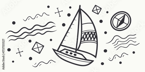 Hand drawn sailboat with compass and nautical elements on a light background