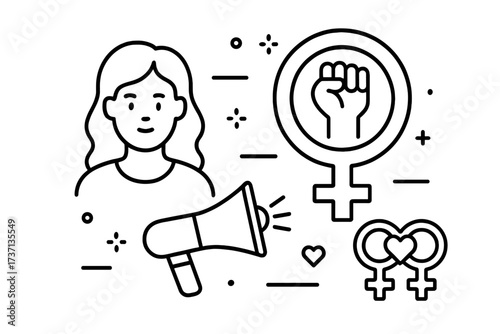 Feminism line icon set. Woman empowerment, girl power protest. Female rights march, gender equality concept. Activism, demonstration with megaphone. Lesbian, LGBTQ pride vector.