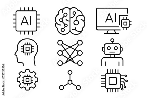 Artificial intelligence thin line icon set. AI, machine learning, bot, neural network. Brain, robot, CPU, processor chip, algorithm. Editable stroke vector pictogram pack.