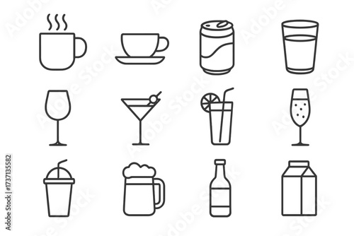 Beverage and drink thin line icon set. Vector symbols with editable stroke. Icons for coffee, tea, soda, juice, beer, wine, cocktail, water. For bar menu or cafe.