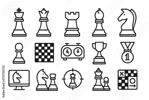 Chess game line icon set. Strategy, competition concept. King, queen, knight, pawn, chessboard, clock, trophy. Checkmate, tournament, victory. Vector outline symbols.