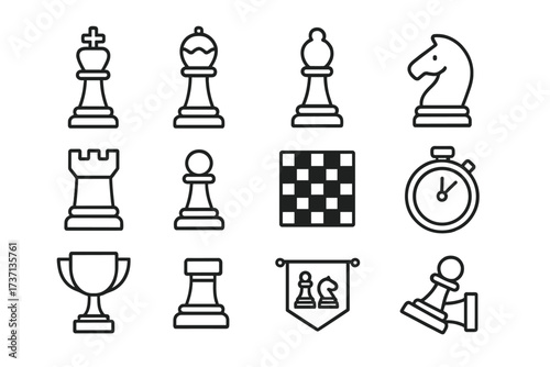 Chess line icon set. Editable stroke vector collection. Strategy, tactics, logic game pieces. King, bishop, knight, rook, pawn, chessboard, clock, trophy for tournament.