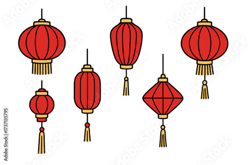 Chinese lanterns set for Asian New Year celebration. Japanese red paper lamps collection. Traditional oriental festival decoration. Vector cartoon line art illustration isolated.