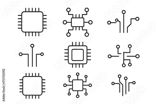 Chip and circuit board line icon set. Microchip, processor and CPU outline icons collection. Technology and electronics concept. Vector for AI, computing and hardware design.