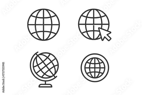 Globe line icon set. World, earth, planet symbols. Go to web, internet, global network, and international travel concept. Editable stroke vector pictograms for design.