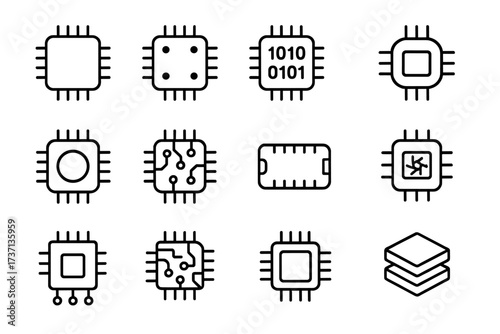 Chip line icon set. CPU, processor, microchip icons. Editable stroke. Minimalistic linear pictogram. Computer hardware, AI, circuit, data, digital, technology concept.